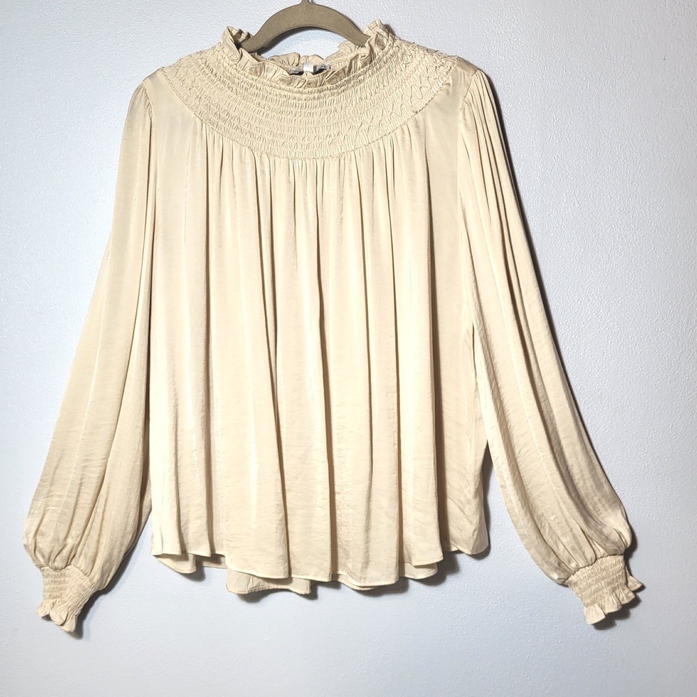 Gibson & Latimer Cream Smocked Mock Neck Balloon Sleeve Blouse Large Victorian